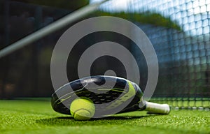 Close-up photo. Padel tennis racket with ball on court outdoors. Sport concept. Download a high quality photo for the