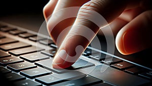 Close-up photo of a person\'s fingers pressing on a black laptop keyboard photo