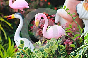 Close-up photo of a pink flamingo statue