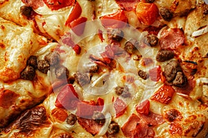 Close up photo of pizza topping in horizontal orientation