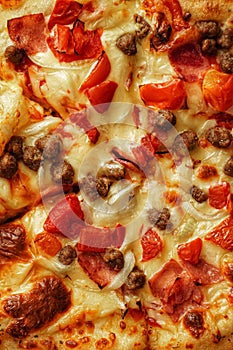 Close up photo of pizza topping in vertical orientation