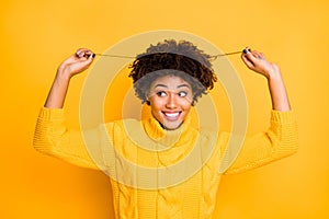 Close up photo portrait of cute dreamy pretty nice cheerful interested attractive charming thoughtful lady checking