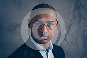 Close up photo portrait of handsome classy chic people person in darn classic suit guy looking at you camera isolated