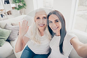 Close up photo of positive old woman mom her daughter make selfie have video call relatives abroad senior person sit