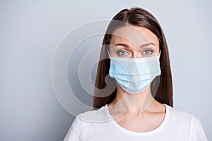 Close up photo of pretty lady keep social distance people contacting came hospital examination patient wear protect face