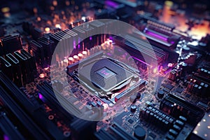 This close-up photo provides a detailed view of the key components of a computer motherboard, Vibrant pulsating lights on a dark