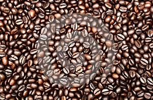 Close up photo of roasted coffee beans. Roasted coffee beans texture and background.