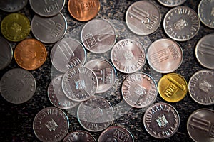 Close-up photo of romanian money, coins, 10 bani, 5 bani and 1 ban