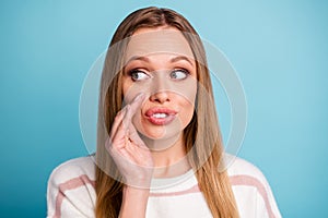 Close up photo of serious pensive pondering woman whispering you secrets looking away isolated pastel color background