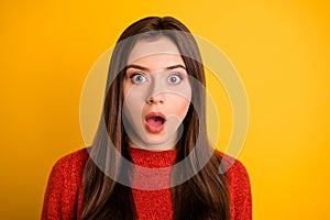 Close up photo of shocked crazy stupor youngster with mouth open surprised with sales terminated at shopping mall photo