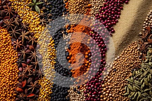 This close-up photo showcases a diverse selection of food items displayed on a table, A mesmerizing pattern of spices and pulses