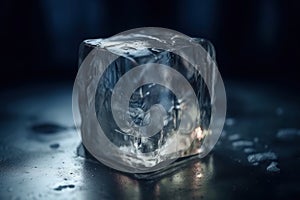 Close-up photo of a single ice cube with a transparent appearance and a dark background