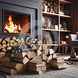 Close up Photo of Stack of firewood with fireplace at home indoors. ai generative