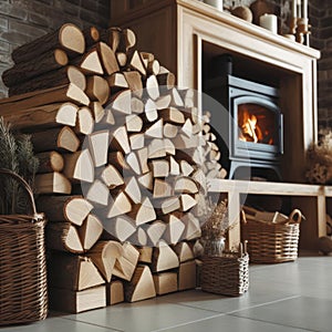 Close up Photo of Stack of firewood with fireplace at home indoors. ai generative