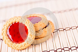 Close up photo of Strawberry jam cookies, dessert.