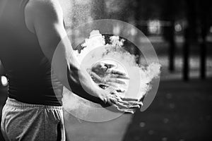 Close up photo of strong active man with fit muscular body, sports and fitness concept