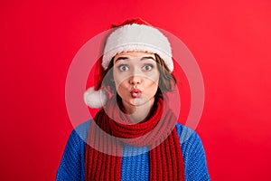 Close up photo of surprised girl in santa claus headwear impressed christmas season shopping jolly holly sales isolated