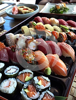 Close-up photo of sushi food. Ai-generated. photo