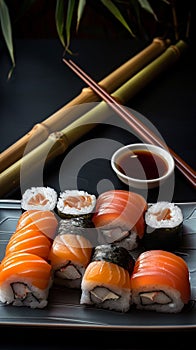 Close-up photo of sushi food. Ai-generated. photo