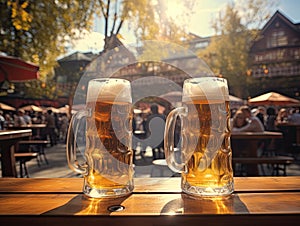 Close up photo of tall glasses with light lager craft beer pint standing on bar wooden table deck with amusement park in