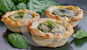 Close-up photo of three small spinach pies, spinach pastries