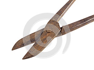 Close up photo of tin snips on a white background