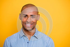 Close up photo of toothy dark skin macho positive mood wear jeans denim shirt isolated bright yellow background