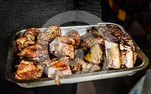 Close up photo of a tray full of traditional Argentine asado barbecue meat