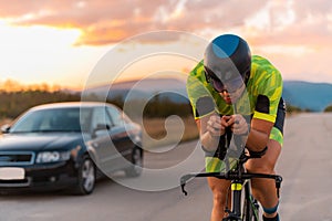 Close up photo of triathlete riding his bicycle during sunset, preparing for a marathon. The warm colors of the sky