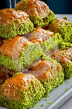 Close-up photo of Turkish baklava pieces with pistachios