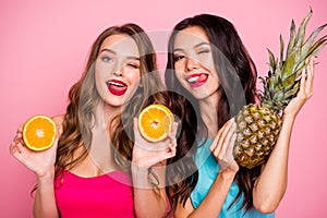 Close up photo two people beautiful she her ladies hands arms organic nature fruits make drink beverage party festive