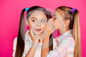 Close up photo two small little age girls tell talk speak ear over novelty school homework pupils wearing casual jeans