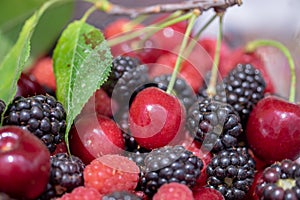 Close up photo of various berries - cherries, blackberries, raspberry