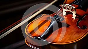 A close up photo of a violins strings and bow, with a contrast between the dark wood and the white hair