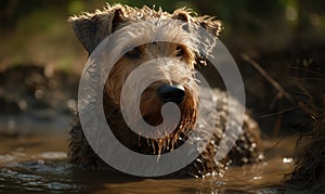 close up photo of wet Lakeland terrier standing in water on blurry outdoors background. Generative AI