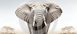 Close-up photo of a wild elephant, beautiful ivory, large ears, on a white background. For art texture, presentation design