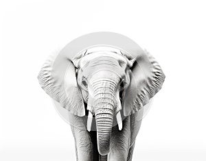 Close-up photo of a wild elephant, beautiful ivory, large ears, on a white background. For art texture, presentation design or web