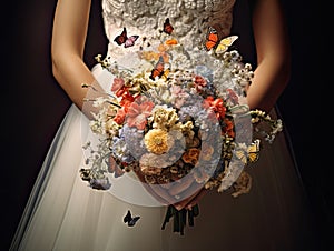 Close up photo of woman hands holding an elegant bridal bouquet with real flowers and decorated with silk butterflies