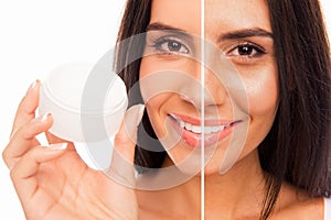 Close-up photo of woman`s face skin before apply cream and after