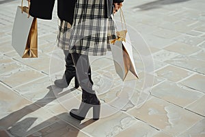 Close up photo of a woman walking in the street with black boots and a skirt holding shopping bags, against a white