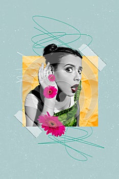 Close up photo of young funny interested lady eavesdropping collage where woman hear saying pink flowers isolated on