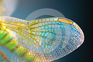 This close-up photograph captures the intricate and detailed patterns on a dragonflys wings, Intricate details of a dragonfly