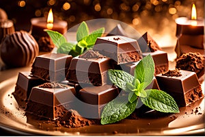 A close-up photograph capturing an array of gourmet chocolates dusted with fine cocoa powder, garnished