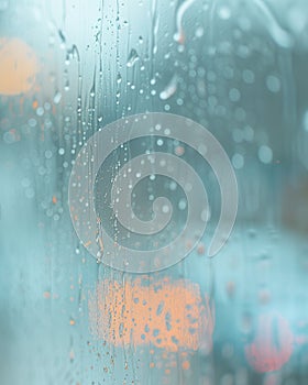 Close-up photograph capturing pristine water droplets delicately on a blurred glass surface,