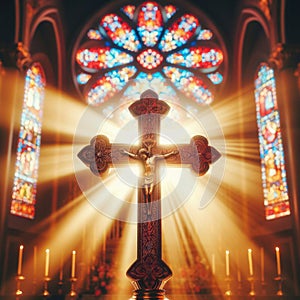 A close-up photograph capturing the solemnity of a cross at the center stage of a church altar