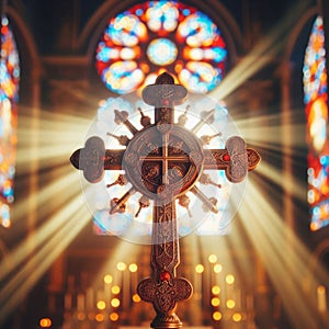 A close-up photograph capturing the solemnity of a cross at the center stage of a church altar