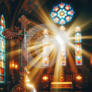 A close-up photograph capturing the solemnity of a cross at the center stage of a church altar