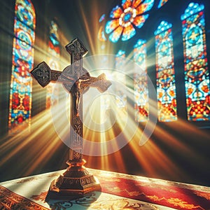 A close-up photograph capturing the solemnity of a cross at the center stage of a church altar