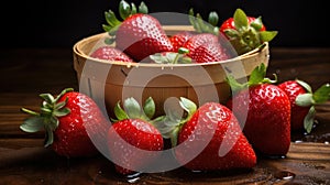 Strawberries nestled in a wooden basket