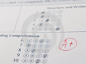 Close-up photograph of a perfect grade on a scantron test